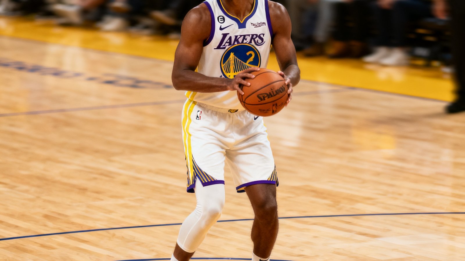 NBA常规赛直播，洛杉矶湖人队与金州勇士队比赛进行中，球员在三分线外准备投篮
